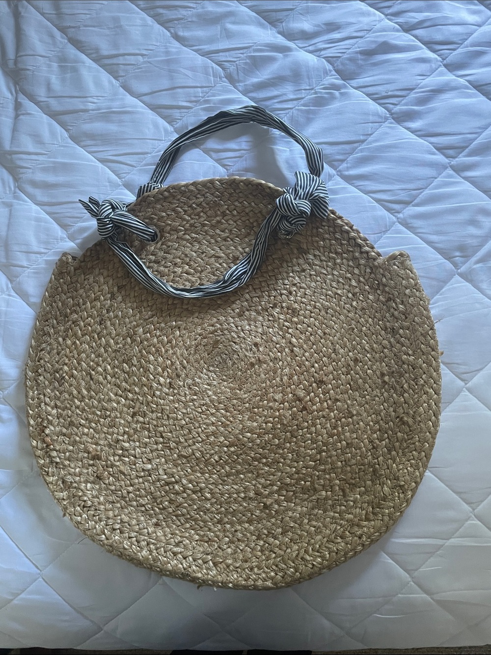 Jute Round Woven Straw Tote with Blue and-White Striped Ribbon Handles